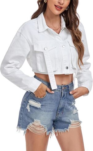 Anienaya Women's Cropped Denim Jacket Washed Cropped Y2K Cargo Short Jean Jacket with Pockets in Kuwait