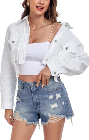 Anienaya Women's Cropped Denim Jacket Washed Cropped Y2K Cargo Short Jean Jacket with Pockets in Kuwait