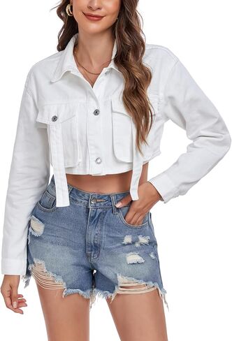 Anienaya Women's Cropped Denim Jacket Washed Cropped Y2K Cargo Short Jean Jacket with Pockets in Kuwait
