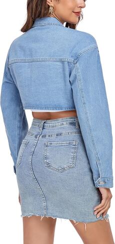 Anienaya Women's Cropped Denim Jacket Washed Cropped Y2K Cargo Short Jean Jacket with Pockets in Kuwait