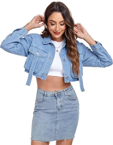 Anienaya Women's Cropped Denim Jacket Washed Cropped Y2K Cargo Short Jean Jacket with Pockets in Kuwait