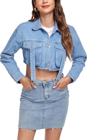 Anienaya Women's Cropped Denim Jacket Washed Cropped Y2K Cargo Short Jean Jacket with Pockets in Kuwait