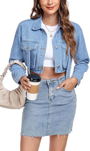 Anienaya Women's Cropped Denim Jacket Washed Cropped Y2K Cargo Short Jean Jacket with Pockets in Kuwait