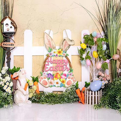 Wooden Spring Decoration Door Wreath for Front Door Sign Wall Signs, Hollow Flower Wreath Sign Hello Spring Welcome Hanging for Home Wall Decor Party Outdoor indoor Supply Easter Decoration in Saudi Arabia