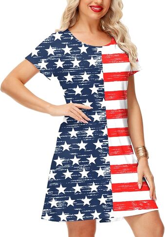 Deerose Women 4th of July Dress American Flag Patriotic Short Sleeve Dress with Pockets in Kuwait