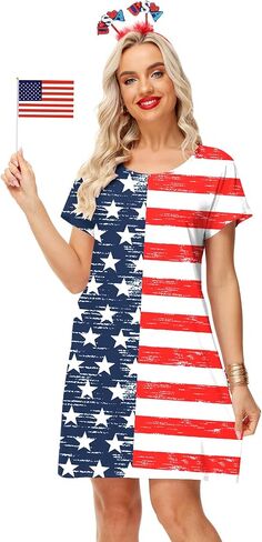 Deerose Women 4th of July Dress American Flag Patriotic Short Sleeve Dress with Pockets in Kuwait