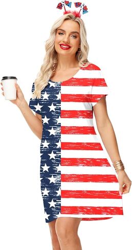 Deerose Women 4th of July Dress American Flag Patriotic Short Sleeve Dress with Pockets in Kuwait