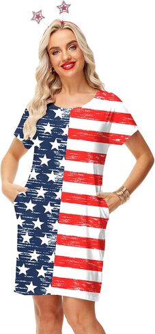 Deerose Women 4th of July Dress American Flag Patriotic Short Sleeve Dress with Pockets in Kuwait