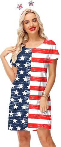 Deerose Women 4th of July Dress American Flag Patriotic Short Sleeve Dress with Pockets in Kuwait