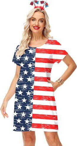 Deerose Women 4th of July Dress American Flag Patriotic Short Sleeve Dress with Pockets in Kuwait