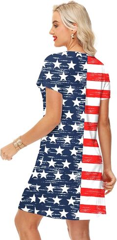 Deerose Women 4th of July Dress American Flag Patriotic Short Sleeve Dress with Pockets in Kuwait