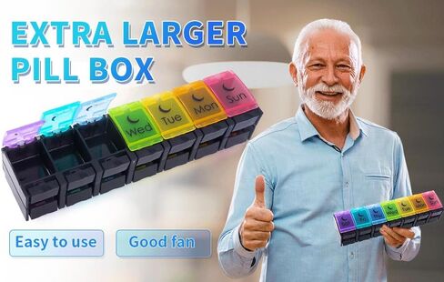منظم حبوب منع الحمل الأسبوعي الكبير ، 7 أيام صباحًا ، حبة الحبة مع مقصورة لزيوت السمك ، مخطط حبوب منع الحمل منظم الأدوية الصديقة للسفر للفيتامينات والمكملات الغذائية (أسود متعدد الألوان) in Kuwait