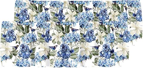 Blackout Watercolor Blue and White Hydrangea Flower and Bird Rod Pocket Short Window Curtain Valance for Kitchen Bedroom Decor, 52" x 18", Navy Blue and Green, 1 Panel in Saudi Arabia