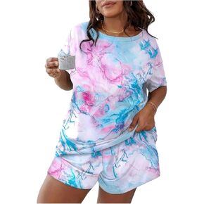 Wdirara Women's Plus Tie Tie Dye Pajama v Neck Shorts and Shorts 2 قطعة ليلية