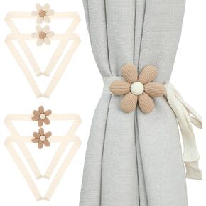 Boho Curtain Tiebacks 4 Pcs Cute Flower Curtain Ties for Drapes Single Daisy Curtain Buckles Flower Curtain Holdbacks Decorative Rope for Bedroom Window Draperies Decor (Beige/Khaki)