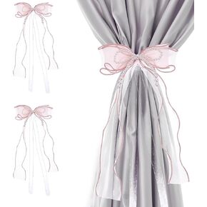 2 PCS Bow Curtain Tiebacks, Elegant Pink Bow Butterfly Curtain Tiebacks with Pearls Sweet Bowknot Holdbacks for Stylish Home Bedroom Offices Dining Rooms Wedding Party Decoration - 31.5 in(80 cm)