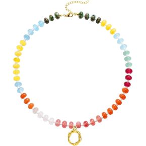SLOONG Colorful Beaded Necklace for Women, Boho Necklaces Bohemian Rainbow 14K Gold Plated Initial Choker, Natural Stone – Alphabet A-Z