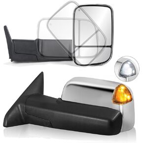 Pair Power Heated Towing Mirrors Compatible for 1998-2001 Dodge 1500 1998-2002 Ram 2500 3500 w/White Running light Side Tow Mirror Manual Flip Fold (Chrome)
