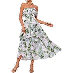 GRACE KARIN Women Summer Floral Maxi Dress Off The Shoulder Halter Sleeveless Ruffle A-Line Wedding Beach Sundress