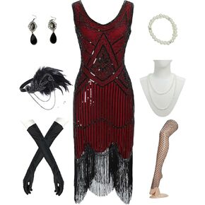 Women's 1920s Flapper Dress Sequin Bead Fringed Cocktail Dress Roaring Outfits with 20s Accessories Set