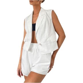 Floerns Women's Sleeveless Waistcoat Button Lapel Neck Summer Vest Blazer Jacket