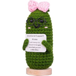 Handcrafted Emotional Support Cucumber Gift, Cute Crochet Potato Knitted Doll Decoration with Front Card Wooden Base for Birthday Gift Home Decoration