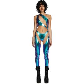 Dolls Kill Prism Moonwalk Cut-Out Catsuit by Club Exx – Holographic Metallic Catsuit with Draped Chains & Cheeky Fit