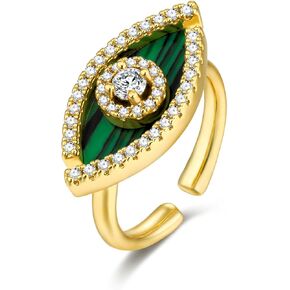 Gold Natural Stone Oval Round Dramatic FULLY ADJUSTABLE Open Evil Eye Statement Ring with CZ Diamond for Women by SNGIA (Malachite, Turquoise), Summer Beach Unique Handmade Chunky Flower Protection Good Luck Charm Ring, Exaggerated Gemstone Stackable Wedd