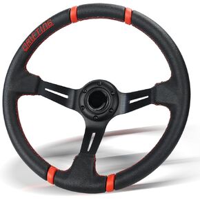 13.6inch Universal Racing Sports 6 Bolts Steering Wheel Deep Dish Leather Embroidery 345mm Black Leather Steering Wheel with Horn Button