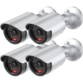 WALI Bullet Dummy Fake Surveillance Security CCTV Dome Camera Indoor Outdoor with one LED Light Warning Security Alert Sticker Decals (TC-S4), 4 Packs, Silver in Kuwait