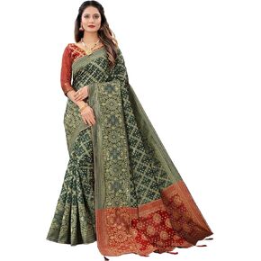 Women's Jacquard Cotton Silk Blend Banarasi Bandhani Fusion Style Woven Saree with Unstitched Blouse Piece