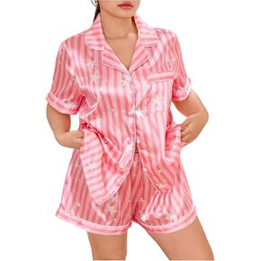 WDIRARA Women's Plus Size Leopard Print Pajama Set Satin Button Shirt and Shorts Cheetah Sleepwear