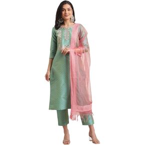 Sea Green Floral Embroidered Kurta Set with Bhagalpuri Silk Dupatta, Sweetheart Neckline, 3/4 Sleeves, Tassels