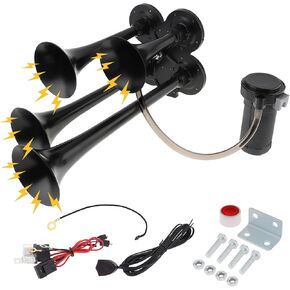 Train Horns for Pickup Trucks, 4 Trumpet Air Horn Kit, 12V 185dB Super Loud Truck Air Horn Four Trumpet with Compressor for Cars Trucks Pickups Trains Lorrys Boats
