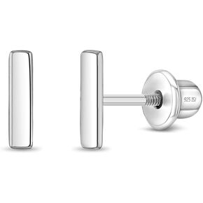 925 Sterling Silver Tiny Polished Bar Safety Screw Back Earrings For Young Girls - Everyday Wear Screw Back Earrings For Children - Lightweight Bar Earrings For Girls