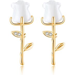 Reffeer Solid 925 Sterling Silver Rose Flower Stud Earrings for Women Teens CZ Flower Stud Earrings Drops Spring Earrings