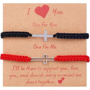 2pcs Adjustable Cross Bracelets, Matching Friendship Couple Bracelets with Metal Cross Charm Red & Black Braided Rope Religious Jewelry for Men Women Christian Jesus Gifts