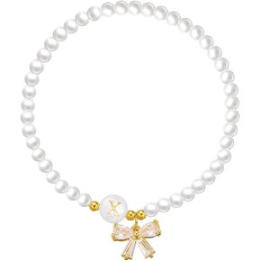 الأساور الأولية A-Z 26 رسائل سوار لؤلؤة مع سحر القوس للنساء Rhinestone Bow Bracelets المجوهرات القابلة للتعديل in Kuwait