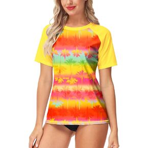 Deerose Women Short Sleeve Rash Guard Tropical Palm Tree Sun Protection Uv Shirts