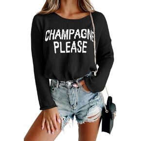 Women Champagne Please Graphic Sweater Casual Slogan Round Neck Long Sleeve Loose Pullover Top