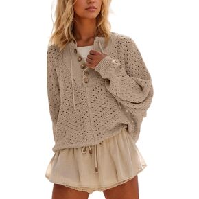 Women Oversized Button Down Hollow Out Crochet Sweater Pullover Drawstring Henley Neck Long Sleeve Knit Crochet Tops