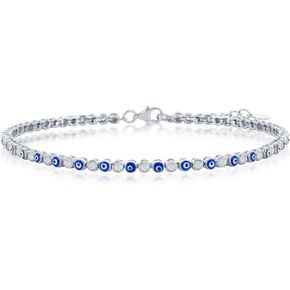 Alternating Navy-Blue Enamel Evil Eye and Simulated Diamond CZ 7.5" Tennis Bracelet/9+1" Anklet |Sterling Silver Jewelry for Women or Teens