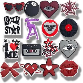 16PCS Y2K Vintage Aesthetic Shoe Charms, Retro Shoes Charm, Sunglasses Heart Star Music Sexy Shoe Charms for Kids Boys Girls Men Women PVC Wristband