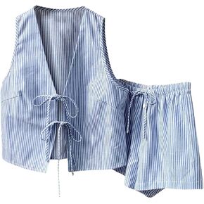 SweatyRocks Women's 2 Piece Summer Outfits Striped Tie Front Bow Sleeveless Top and Shorts Set