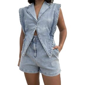 Mandonce Denim Jumpsuit For Women Cap Sleeve V Neck Button Down Crop Split Elastic High Waist Jeans Shorts For Women Romper in Kuwait