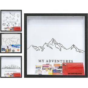 Adventure Challenge Shadow Box Picture Frame with Slot, 12x12 Inch Keepsake Box, Top Loading Display Case Travel Decor Gift (Black)