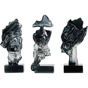 XINQUAN 3PCS Thinker Statue Set : Silence is Gold Abstract Art Ornament, Modern Home Resin Sculpture, Piano, Desktop, Office, Study Decoration (Smoke Grey)