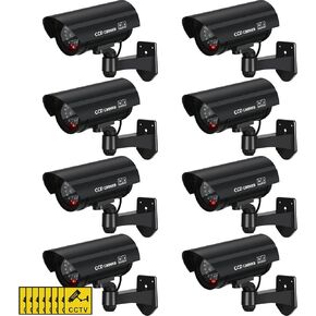 كاميرا مراقبة وهمية من 8 قطع، كاميرا وهمية واقعية من البلاستيك بلون فضي، نظام مراقبة سي سي تي في مع ضوء LED للحركة لامان المنزل والاستخدام الداخلي والخارجي، لا تتضمن بطارية in Kuwait