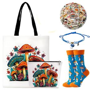 Mushroom Gift Set for Women - Themed Tote Bag, Funny Novelty Socks, 50pcs Stickers | Ideal for Mushroom Lovers, Birthday, Christmas Gifts