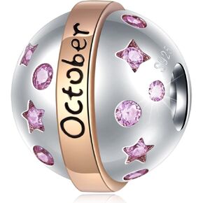 Jan-Dec Birthstone Planet Ball Charms with 12 Month Birthday Stone, 925 Sterling Silver 2 Tone Rose Gold Round Globe Beads, fits European Snake Charm Bracelet, Gifts for Mom/Wife/Father/Children/Grandma